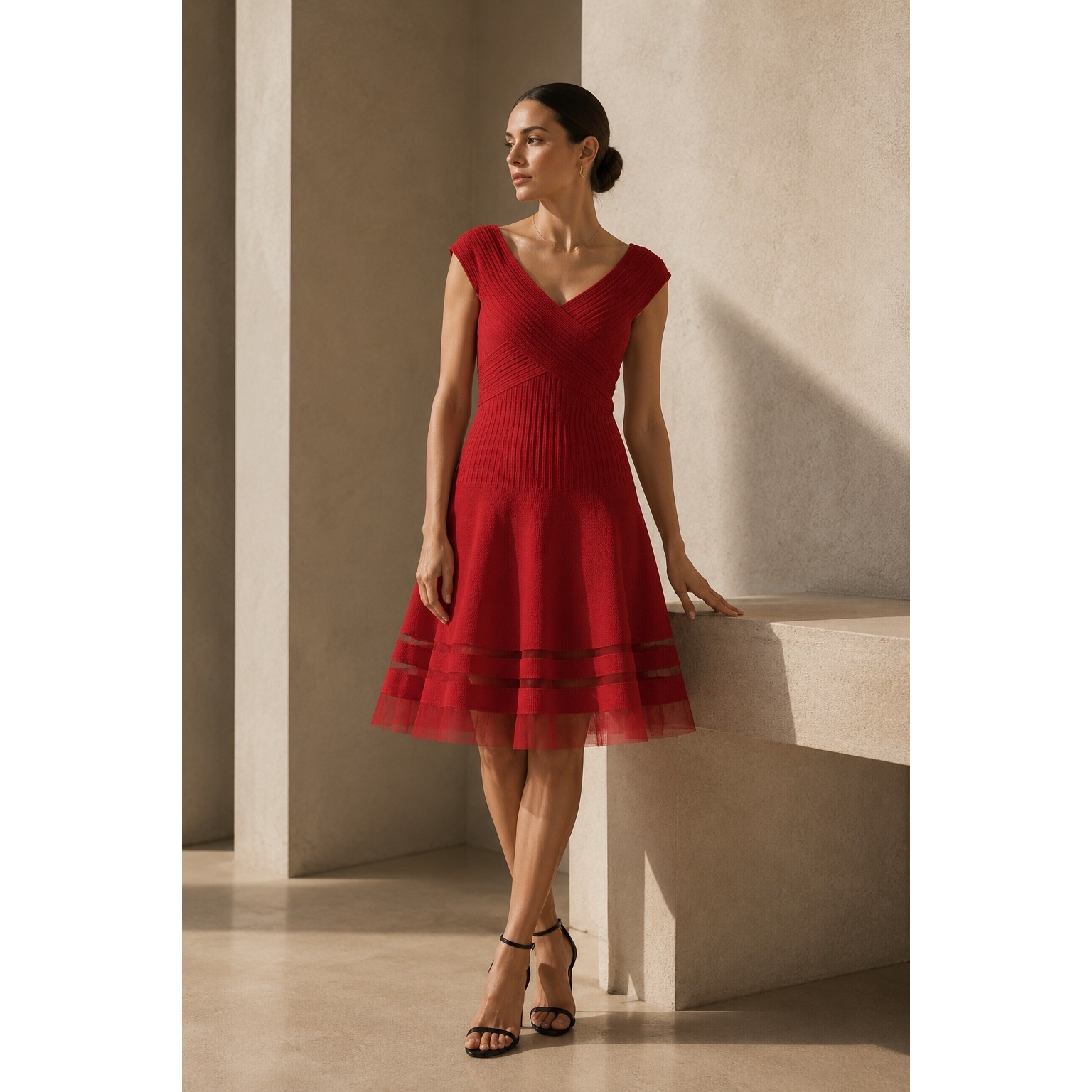 Tadashi Shoji Fit And Flare Dress Women S Red Pintuck Mesh Hem Cocktail Party